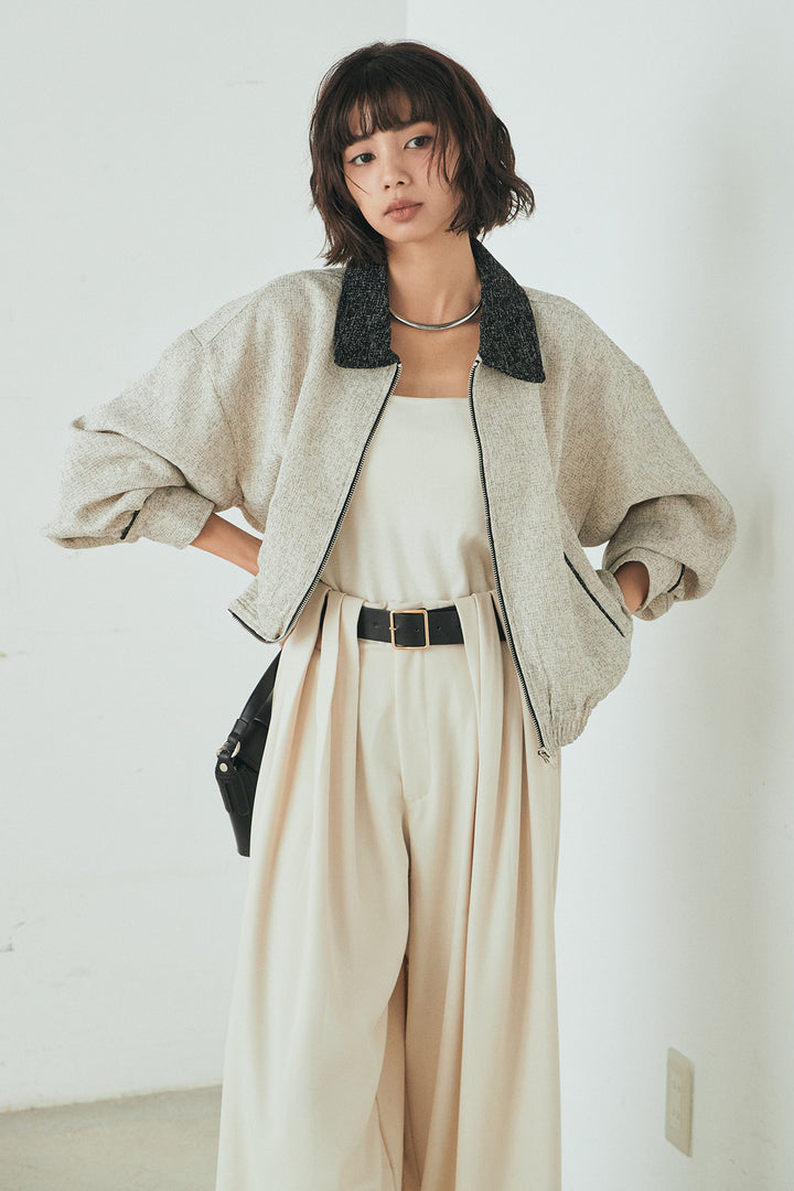 [SET]ツイード配色パイピングブルゾン+ベルト付きタックデザインハイウエストロングパンツ(2set)