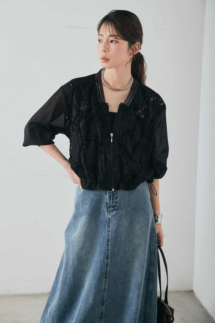 [SET]モチーフ付きシアーブルゾン+デニムロングフレアスカート(2set)