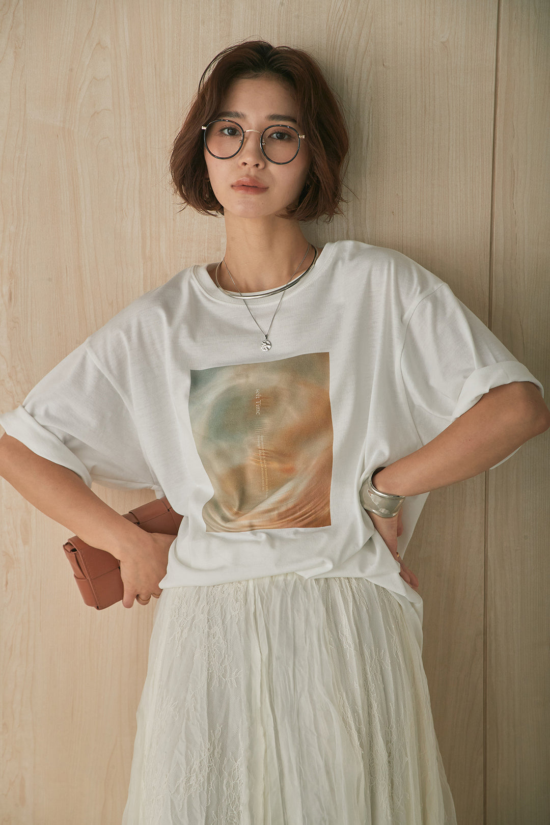 [SET]MarbleプリントTシャツ+レースコンビワッシャーギャザースカート(2set)