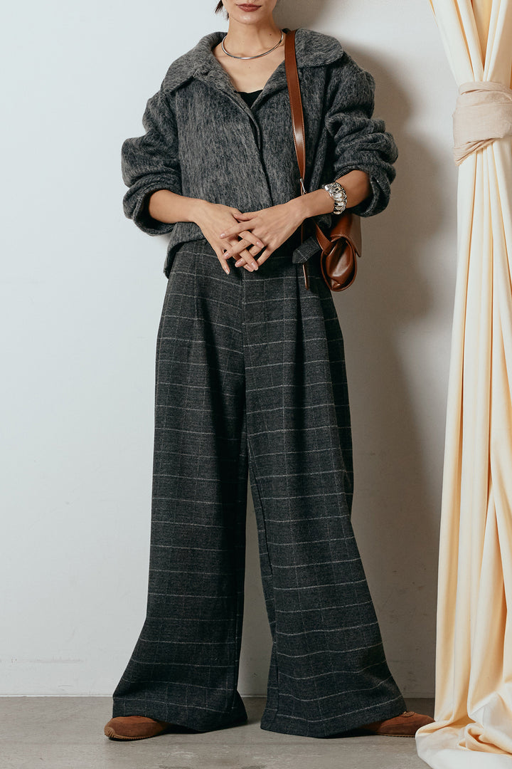 [SET]シャギーショートジャケット+スクエアチェック柄ワイドパンツ(2set)