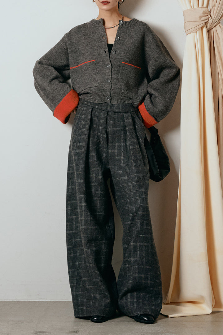 [SET]アルパカタッチダブルフェイスカーディガン+ウールライクチェックタックパンツ(2set)