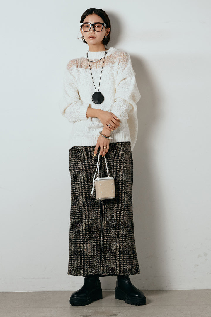[SET]パターンランダム編みニットトップス+グレンチェック柄フロントジップタイトスカート(2set)