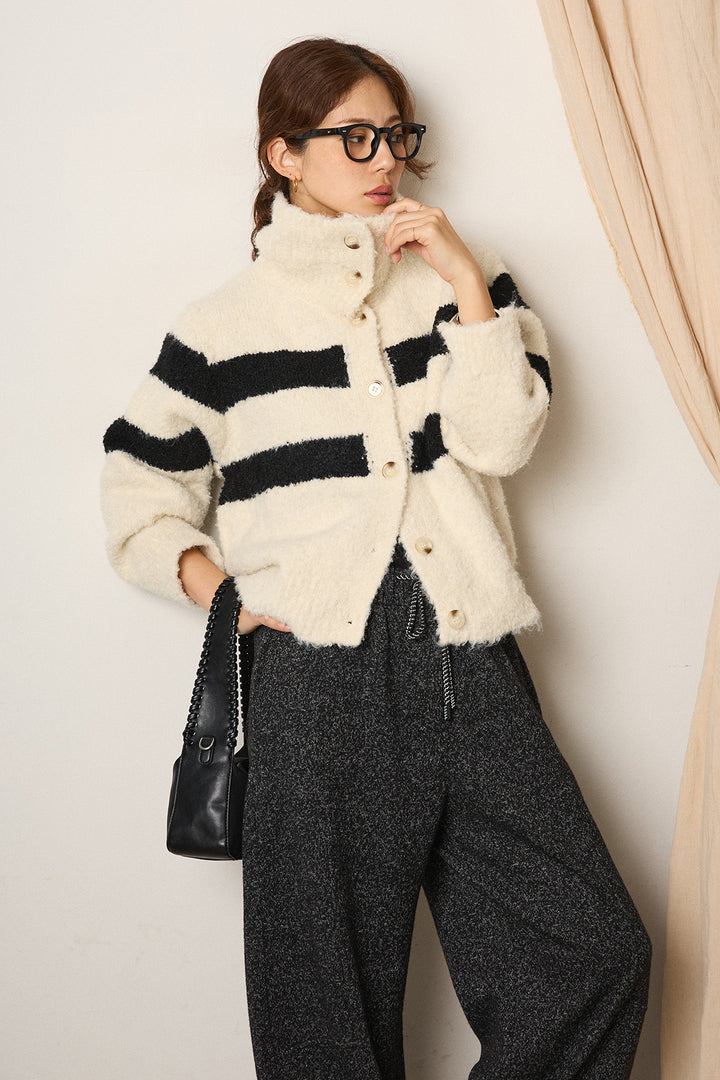 [SET]ハイネックボーダーニットカーディガン+杢ニットフレアパンツ(2set)