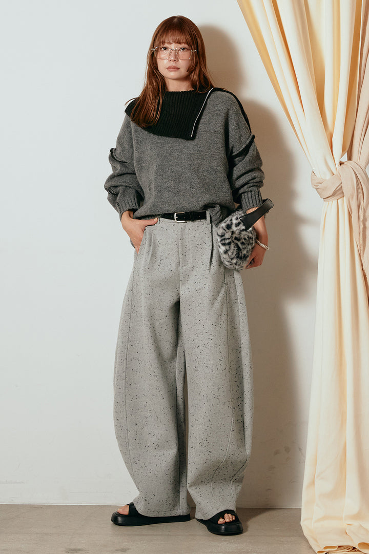 [SET]ハイネックジップデザインニットトップス+ベルト付きネップツイードカーブパンツ(2set)