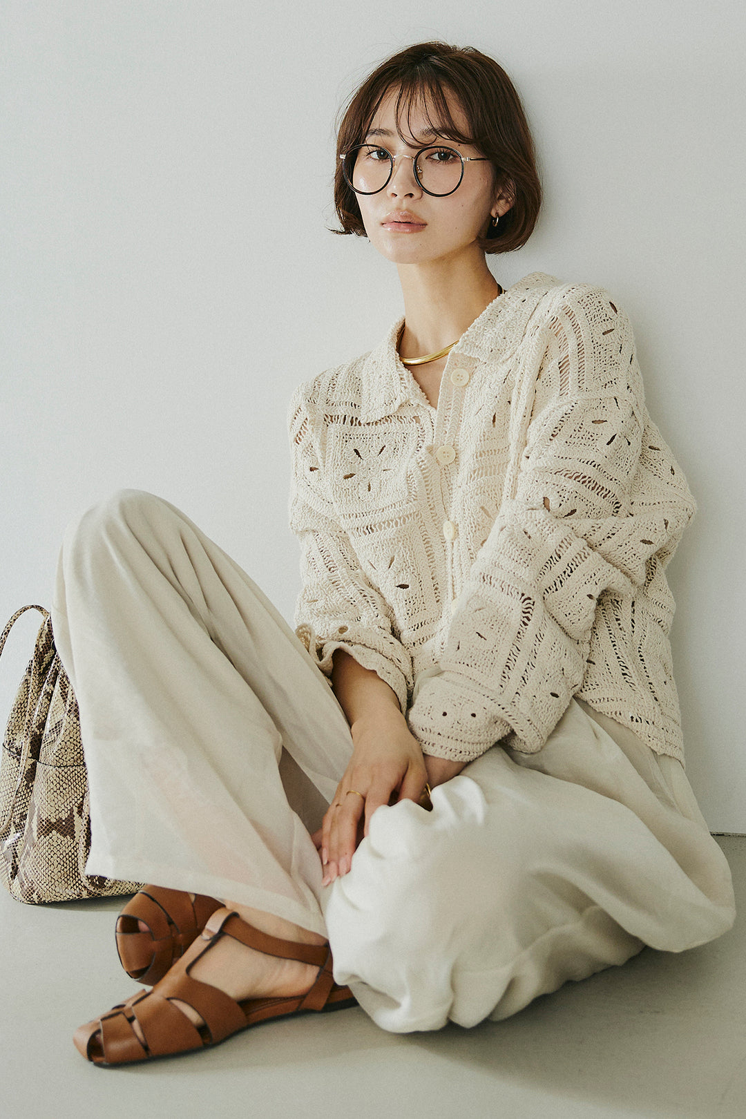 [SET]鍵編みフラワーレースカーディガン+オーガンジータックパンツ(2set)