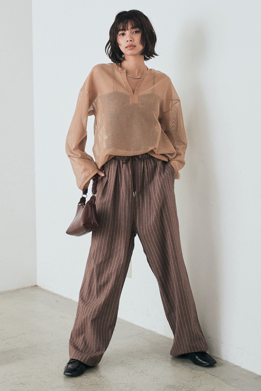 [SET]メッシュカットソースキッパープルオーバー+リネンライクストライプタックイージーパンツ(2set)