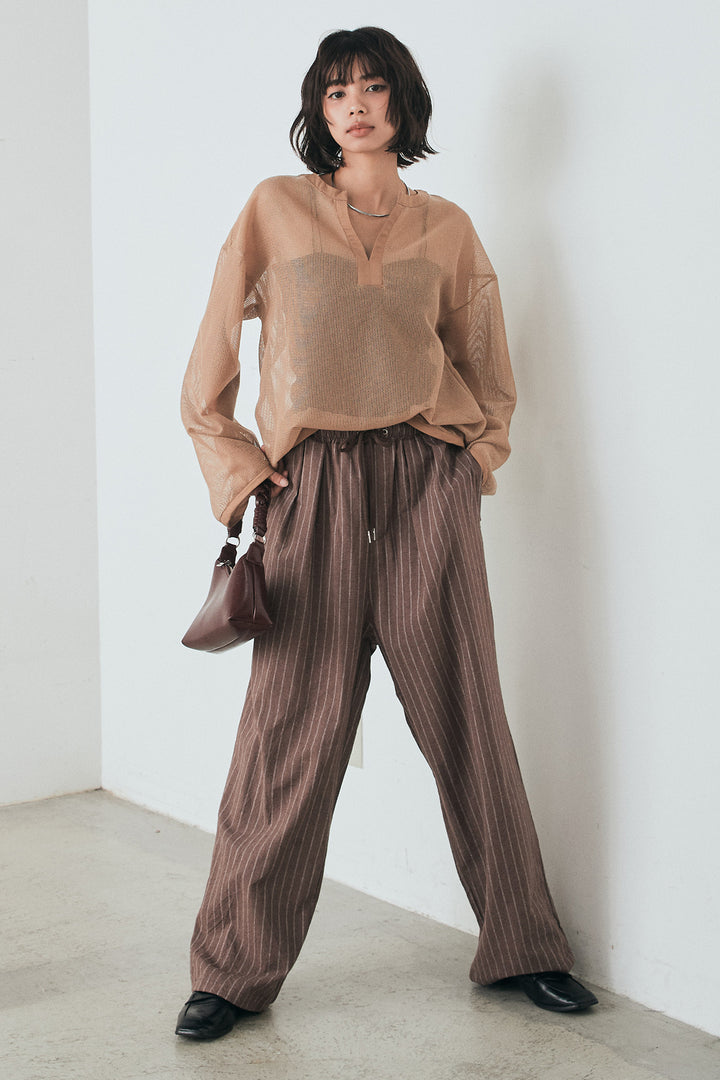 [SET]メッシュカットソースキッパープルオーバー+リネンライクストライプタックイージーパンツ(2set)