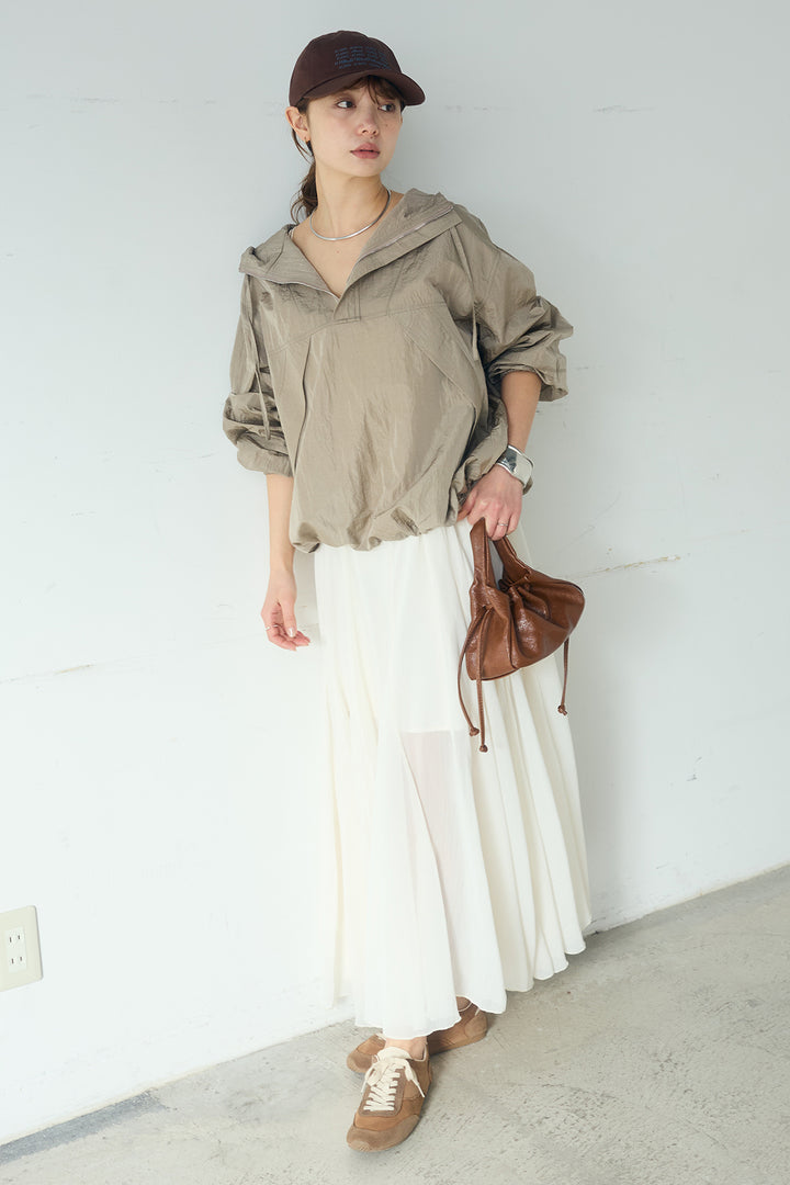 [SET]ナイロンフーディーブルゾンアウター+シアーフリルキャミワンピース(2set)