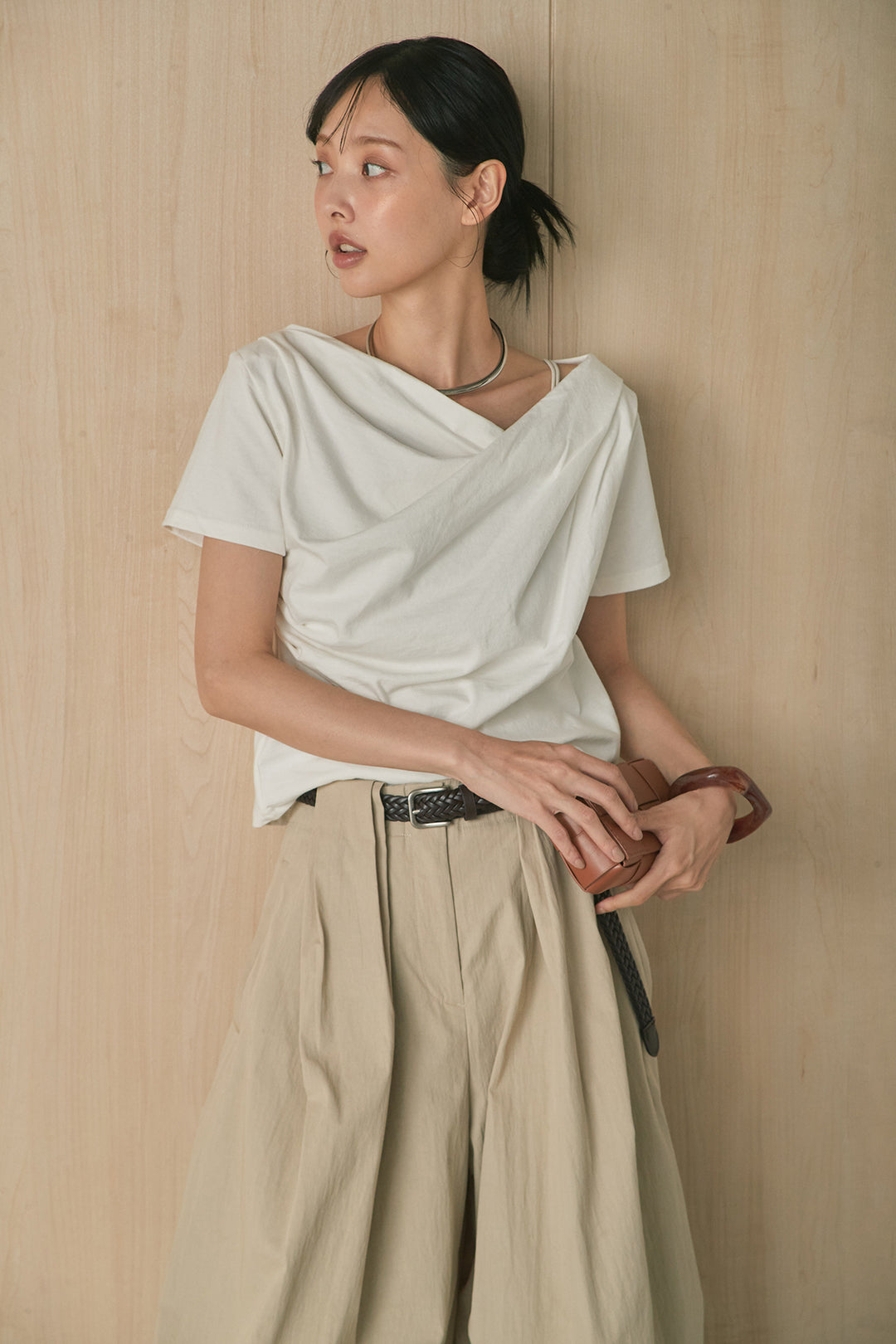 [SET]綿天竺半袖オフショルTシャツ+ニーサイドタックボリュームカーブパンツ(2set)