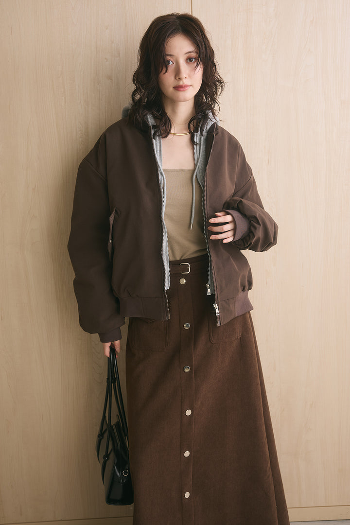 [SET]カレッジロゴフーディーブルゾン+フロントボタンコーデュロイスカート(2set)