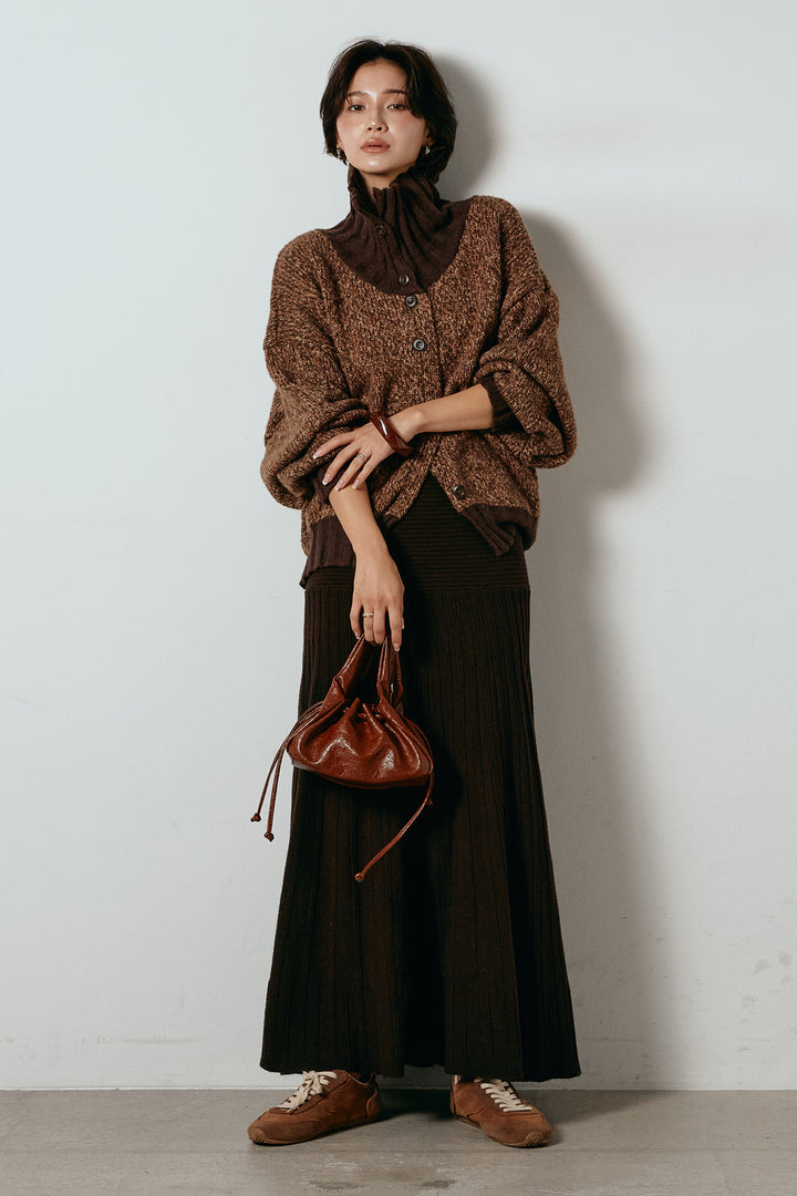 [SET]ハイネックミックスニットカーディガン+編み地切り替えフレアニットスカート(2set)