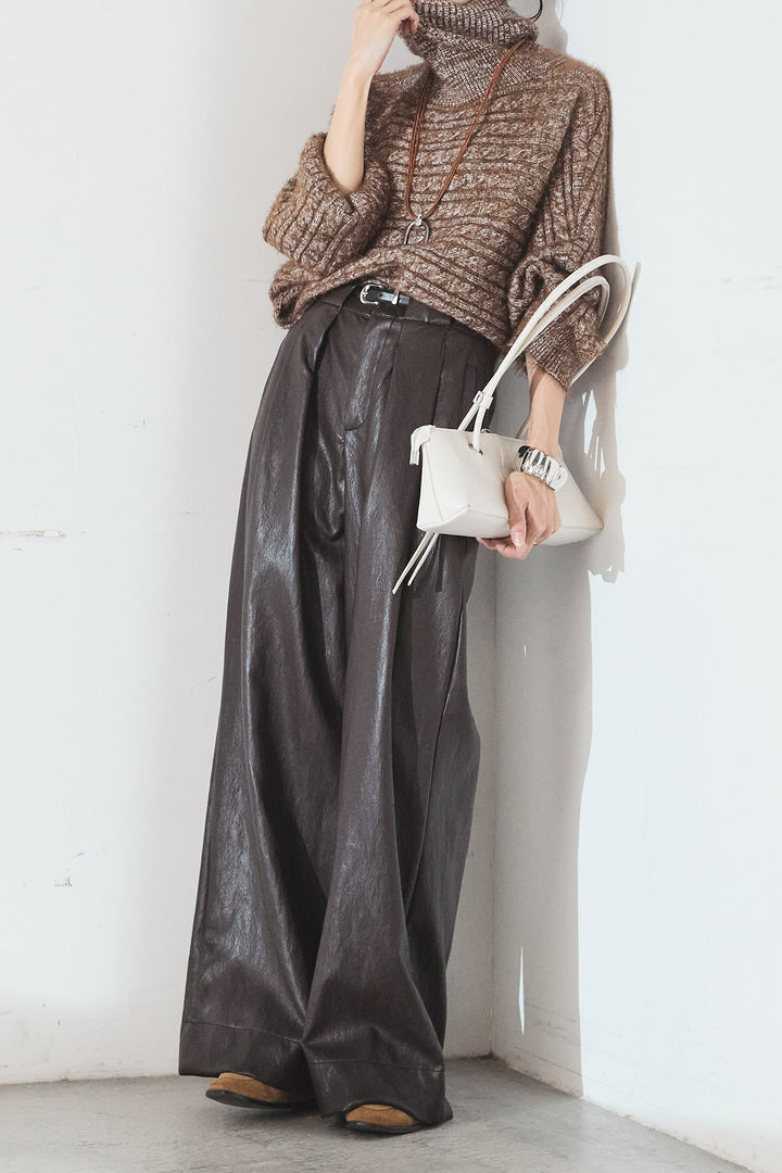 [SET]ミックス編みドルマンニットトップス+ベルト付きレザーライクタックパンツ(2set)