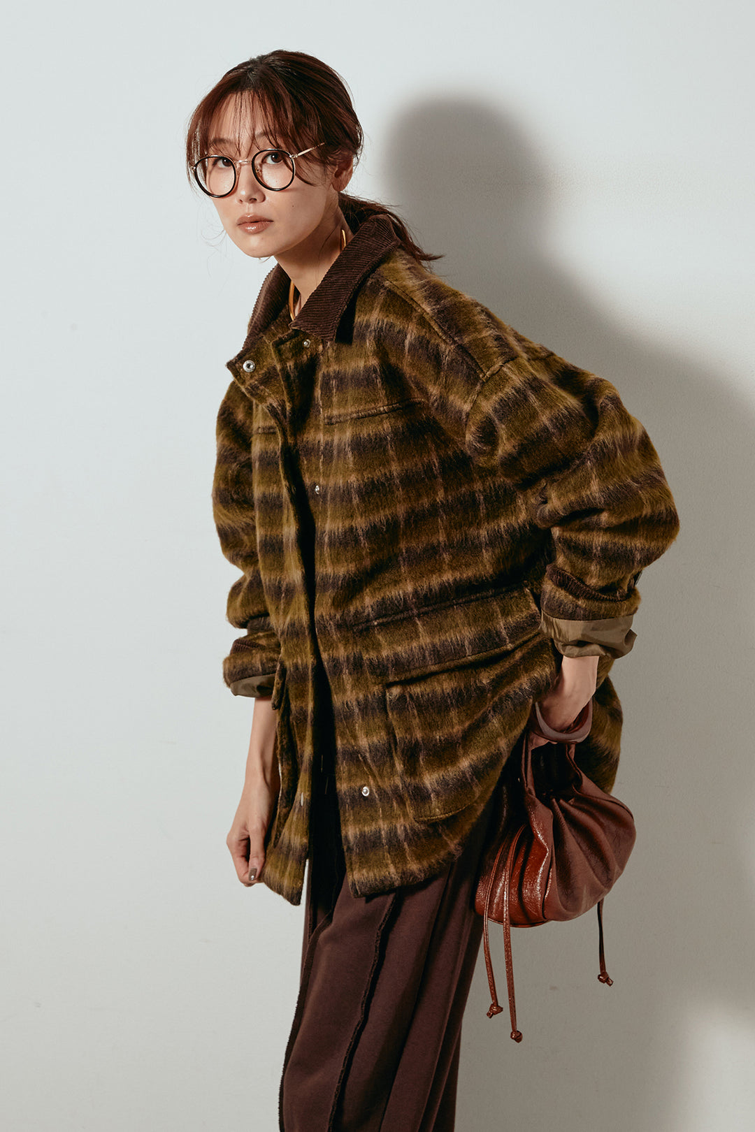 [SET]チェックシャギーミドルカバーオール+フロントラインデザインワイドスウェットパンツ(2set)