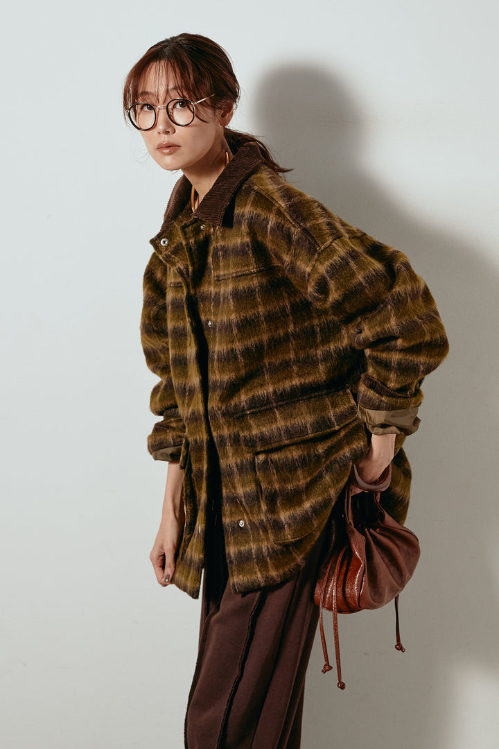 [SET]チェックシャギーミドルカバーオール+フロントラインデザインワイドスウェットパンツ(2set)