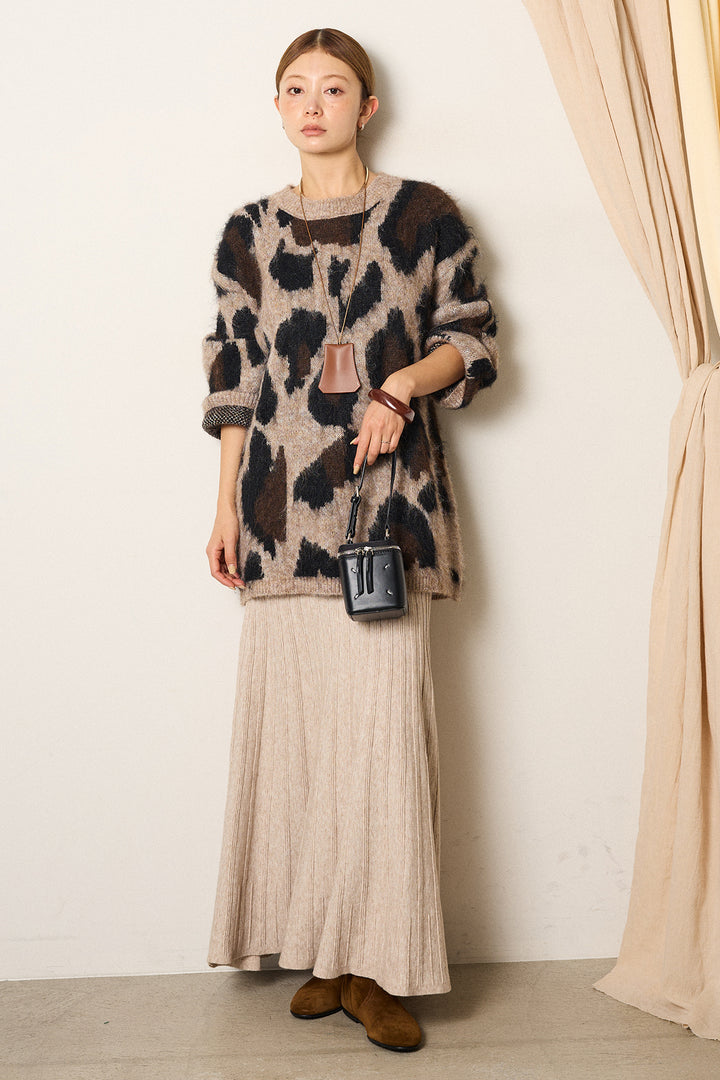 [SET]ルーズアニマルモヘアニットトップス+編み地切り替えフレアニットスカート(2set)