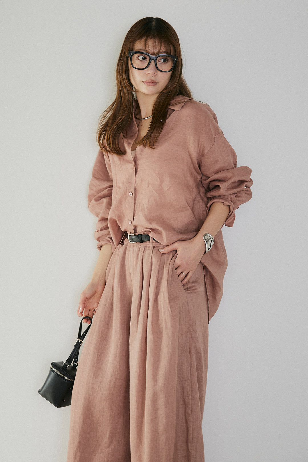 [SET]リラックスシアーシャツ+細ベルト付きシアーワイドパンツ(2set)