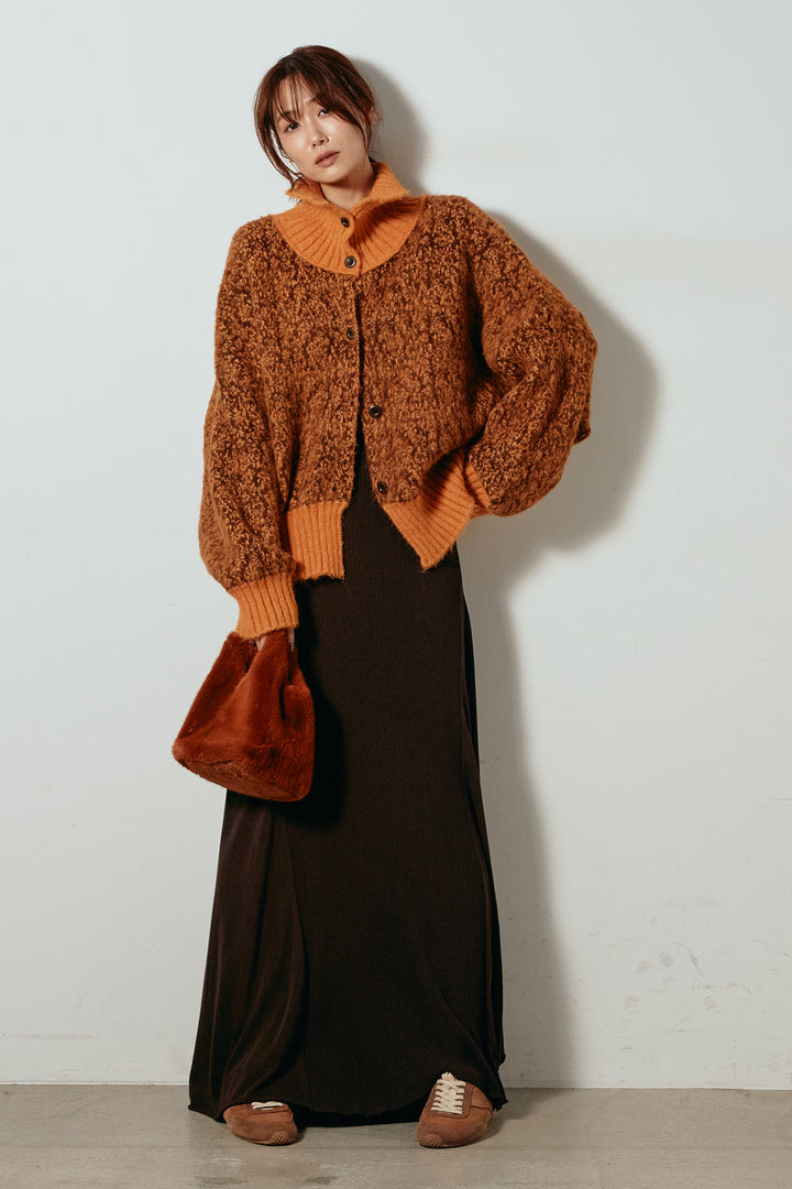 [SET]ハイネックミックスニットトップス+サイド切り替えリブニットロングスカート(2set)