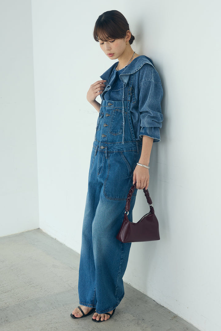 [SET]デニムフリルブラウス+デニムサロペットワイドパンツ(2set)
