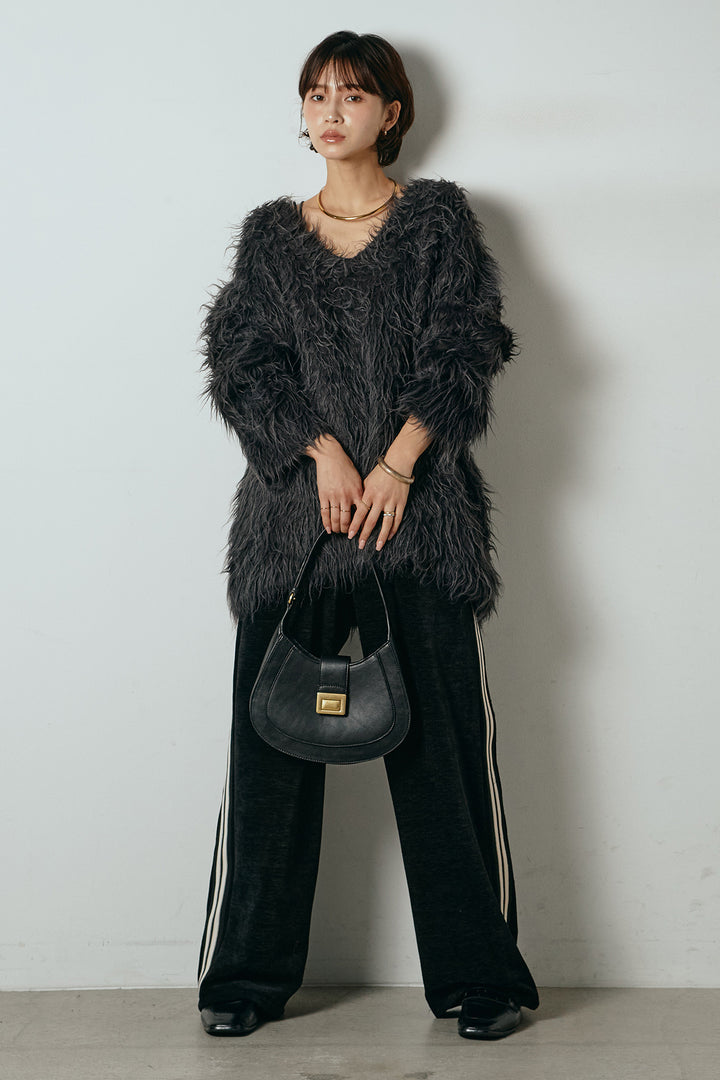 [SET]深Vネックシャギーニットトップス+リラックスサイドラインベロアワイドパンツ(2set)