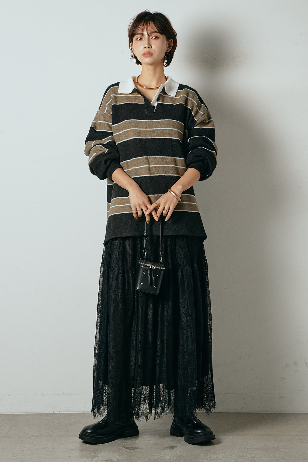 [SET]ラガーニットボーダーポロプルオーバー+ひげレース切替ロング丈スカート(2set)