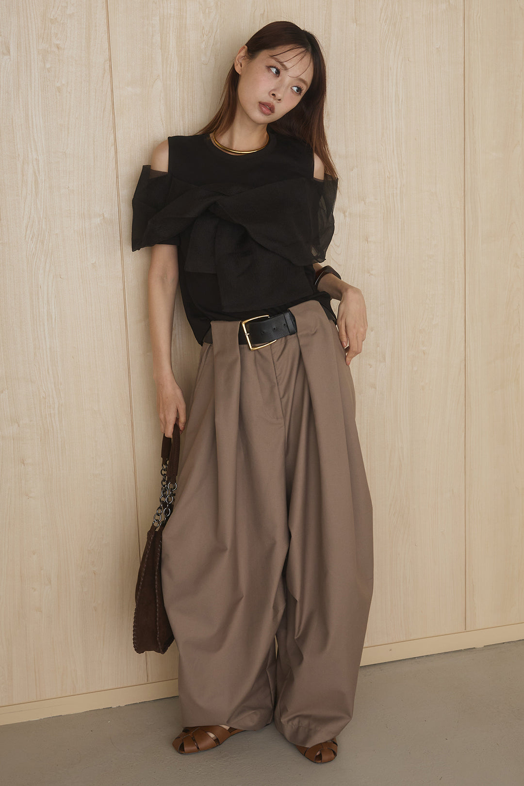 [SET]シアーレイヤーデザインカットソー+ベルトループワイドパンツ(2set)
