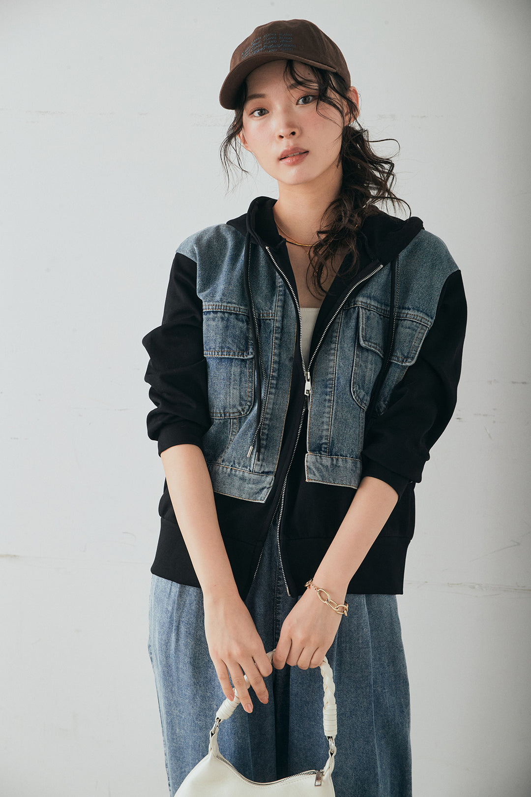 [SET]デニム切替ポンチダブルジップパーカー+テンセルデニムイージーワイドパンツ(2set)