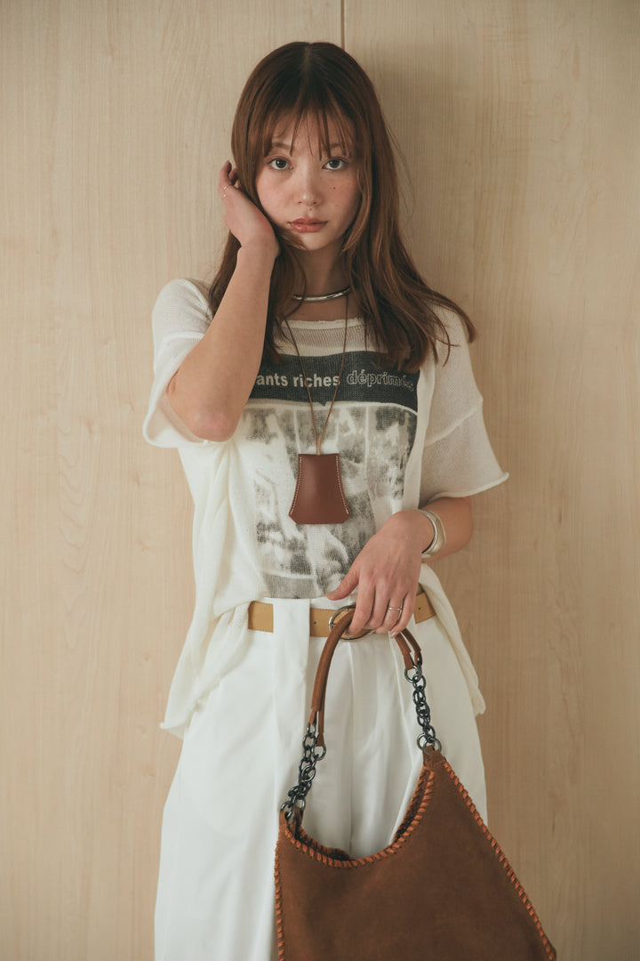 [SET]半袖モノトーングラフィックトップス+ベルトループデザインハイウエストタックパンツ(2set)