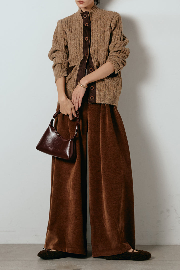 [SET]ボトルネックケーブルニットカーディガン+ベルトループコーデュロイワイドパンツ(2set)