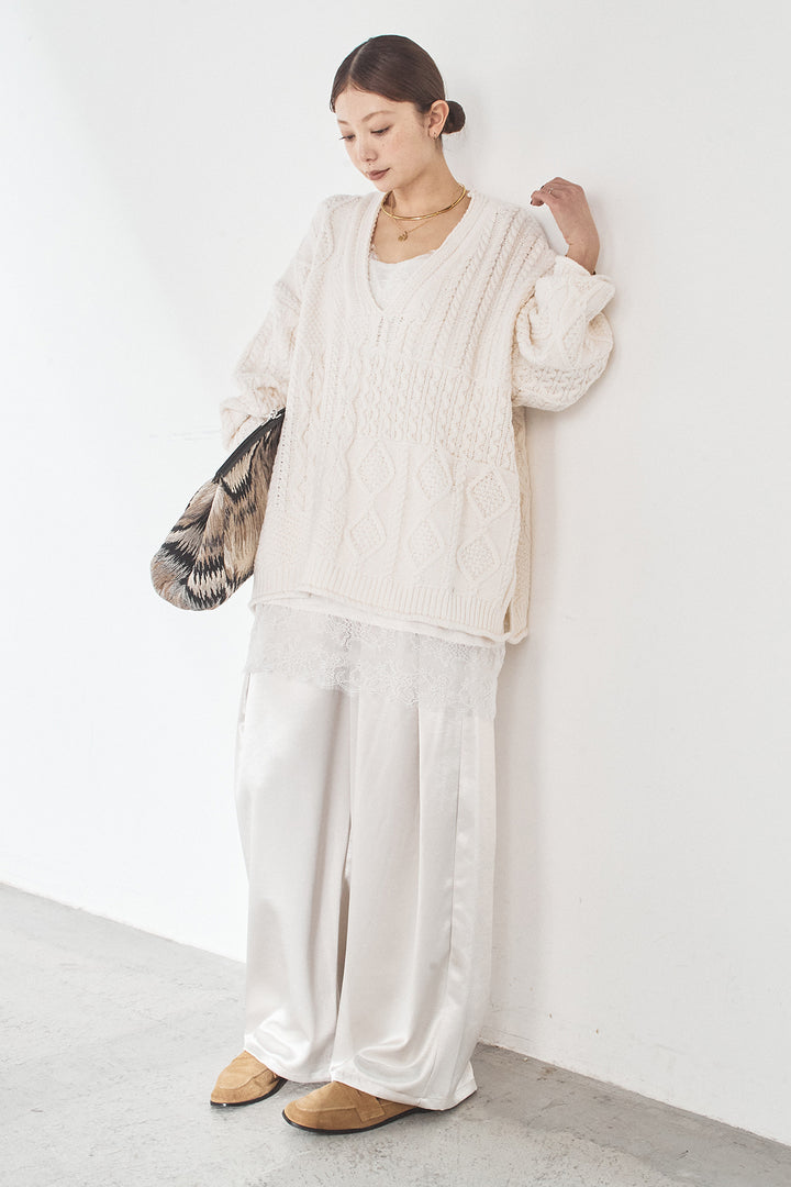 [SET]ケーブルVニットセーター+サテンタックワイドパンツ(2set)
