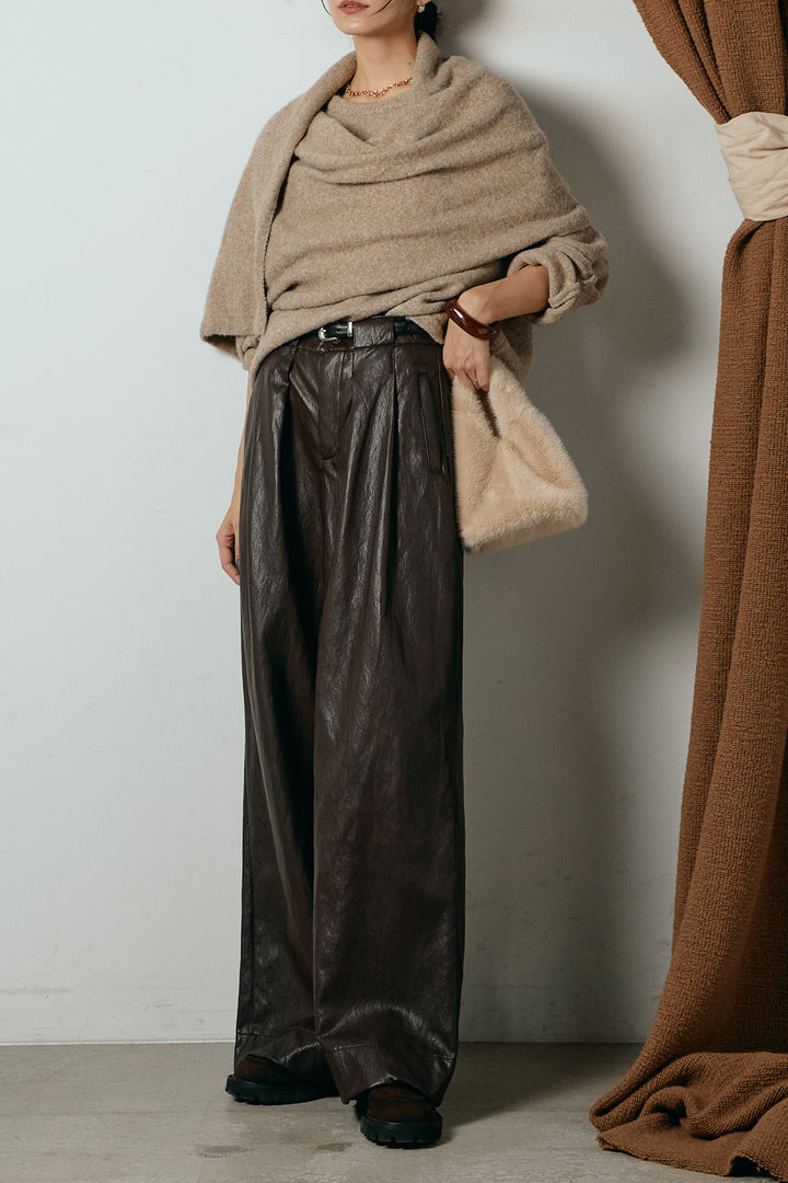 [SET]ネック巻きデザインニットトップス+ベルト付きレザーライクタックパンツ(2set)