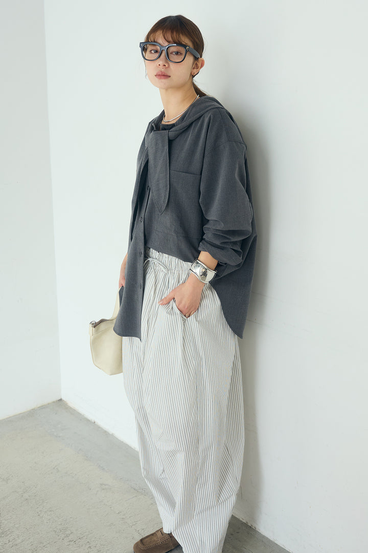 [SET]無地タイ付フーディーBIGシャツ+ランダムストライプタックギャザーパンツ(2set)