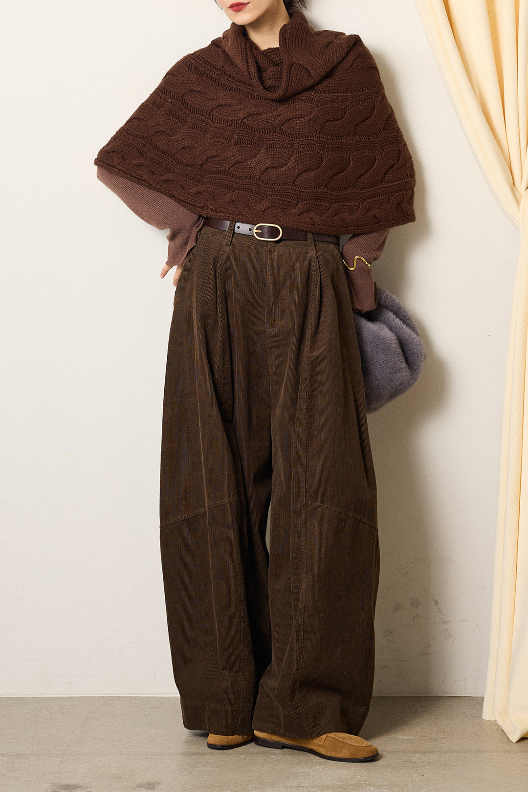 [SET]ケーブル編みケープレイヤードニット+タック入りコーデュロイワイドパンツ(2set)