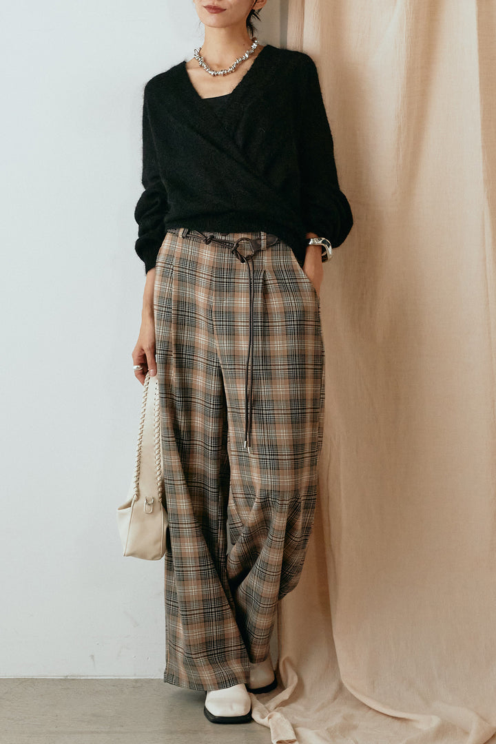 [SET]カシュクールデザインニット+編みベルト付きタータンチェックワイドパンツ(2set)