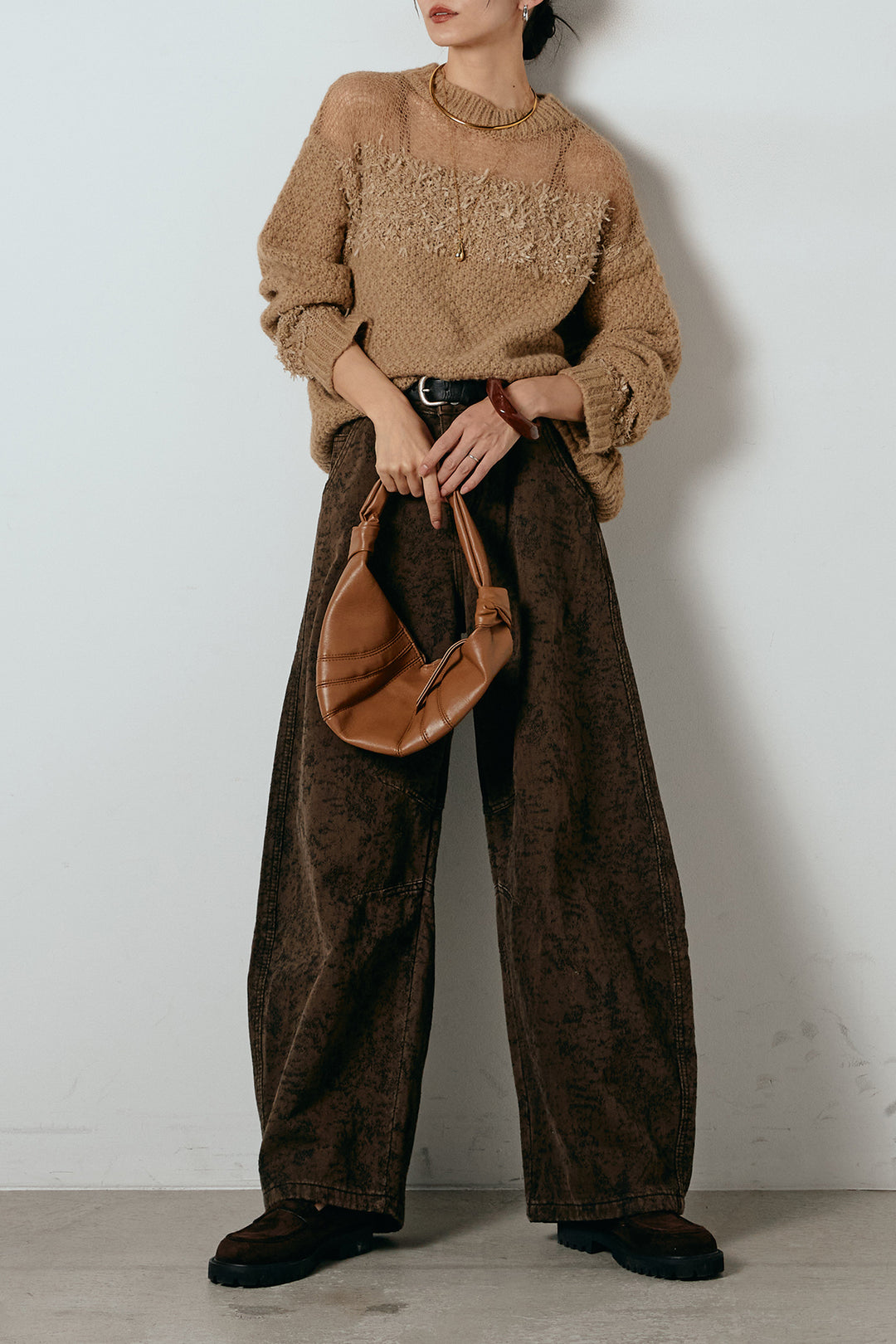 [SET]パターンランダム編みニットトップス+ベルト付きニュアンス柄カーブワイドパンツ(2set)