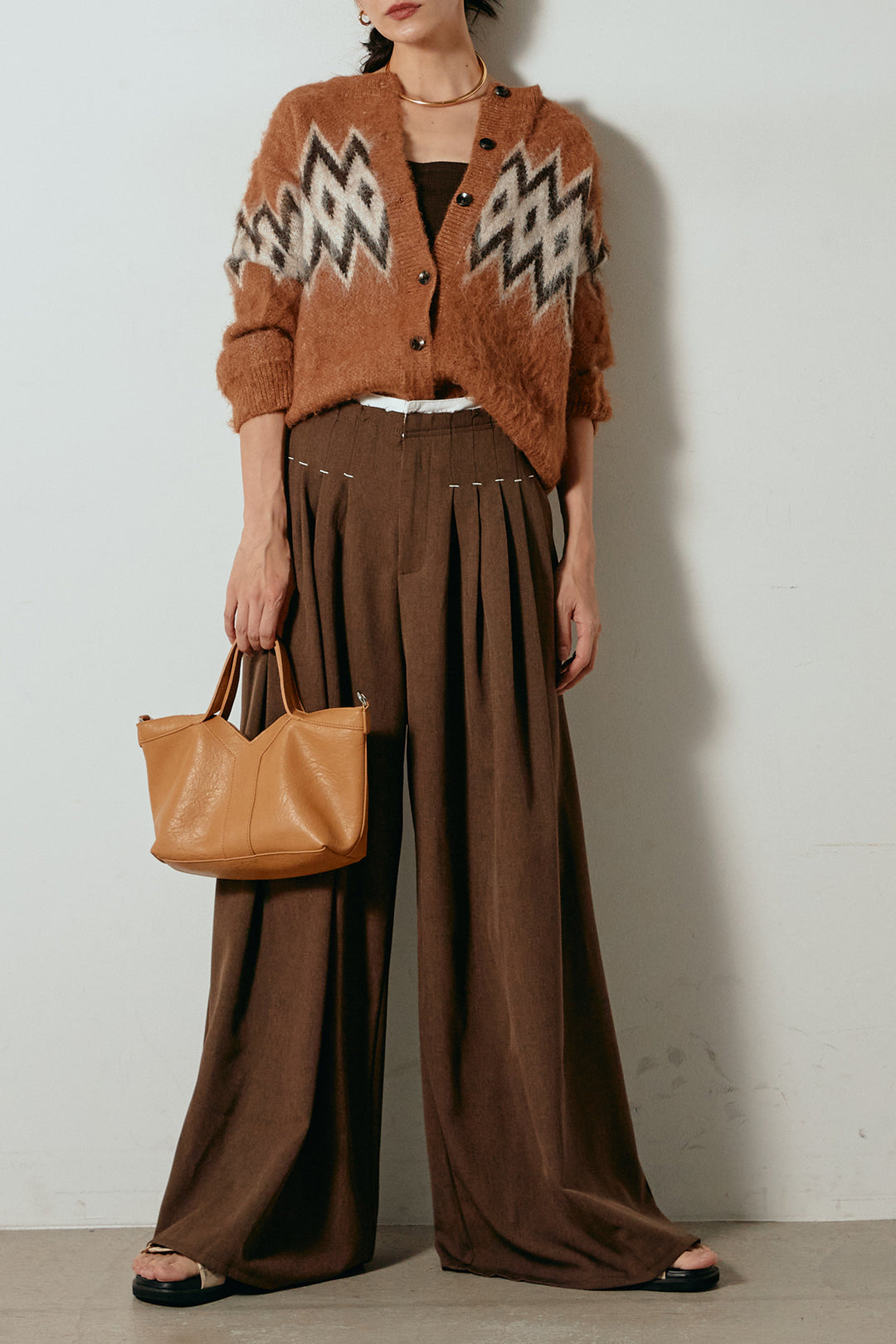 [SET]起毛ノルディック柄ニットカーディガン+ウエストステッチデザインワイドスラックス(2set)