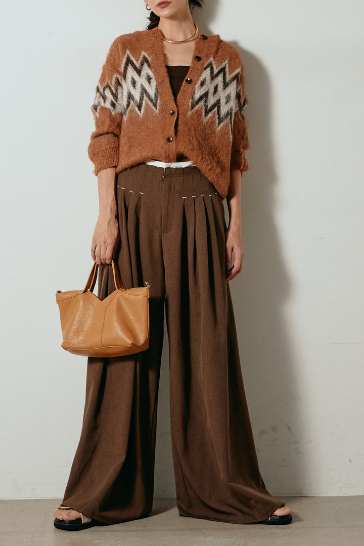 [SET]起毛ノルディック柄ニットカーディガン+ウエストステッチデザインワイドスラックス(2set)