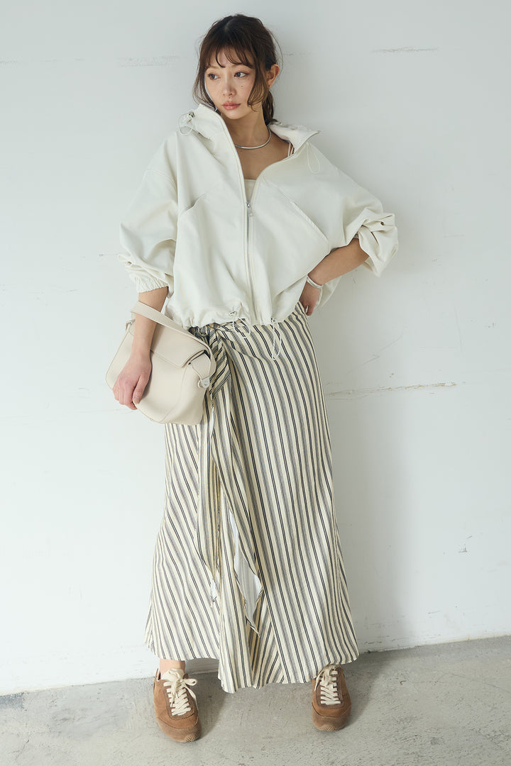 [SET]ネック裾絞りブルゾンアウター+マルチピンストライプ柄巻きスカート(2set)