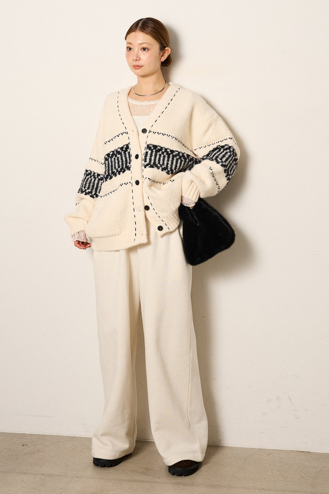 [SET]ライン柄ステッチニットカーディガン+2WAY袖コード刺繍クルーネックプルオーバー+裏起毛スウェットワイドパンツ(3set)
