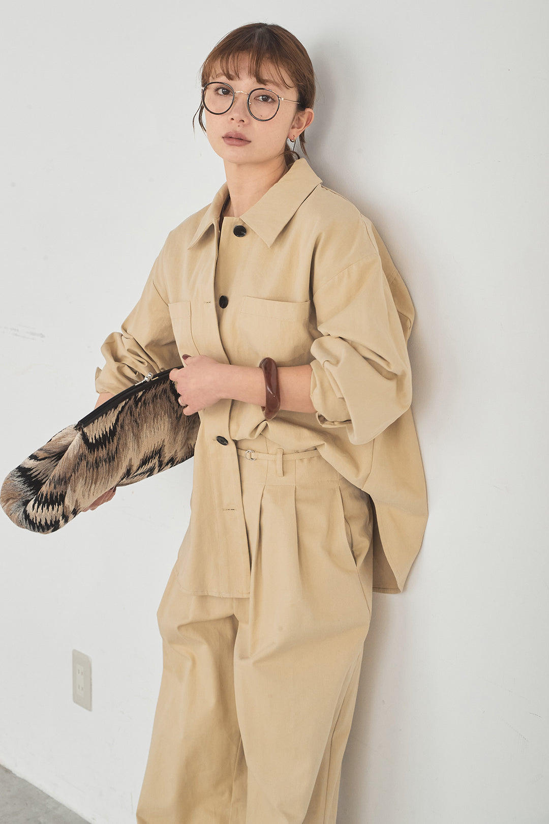 [SET]ツイルシャツジャケット+ツイルハイウエストタックパンツ(2set)