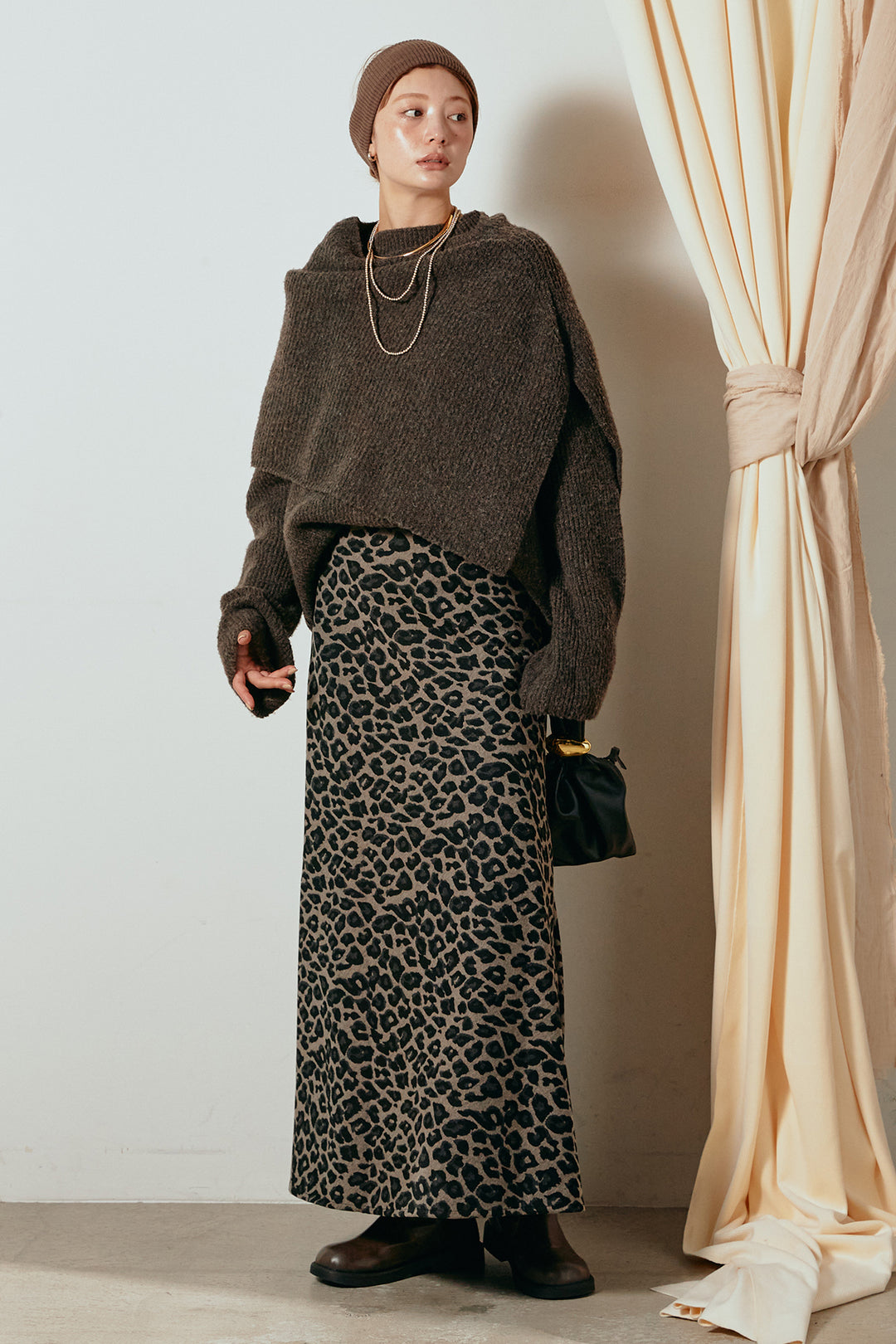 [SET]ケープデザインリブニットトップス+レオパードロングスカート(2set)