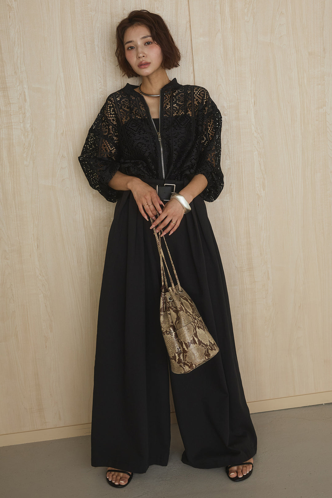 [SET]幾何レースブルゾン+ベルト付きビックループワイドパンツ(2set)