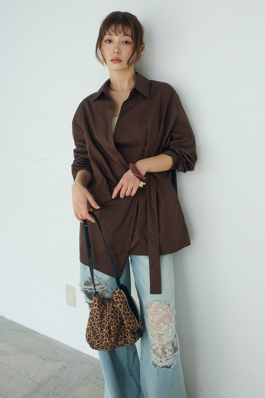 [SET]サイド留め具デザインシャツ+デニムレース付きワイドパンツ(2set)