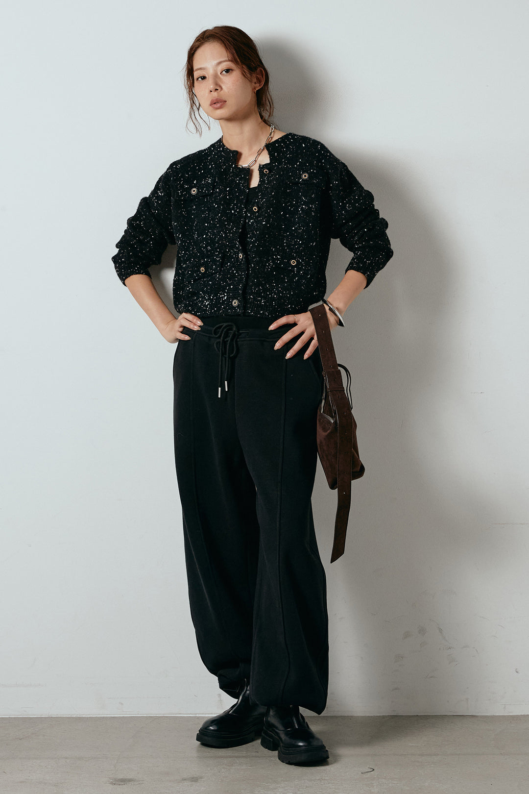 [SET]ネップニットカーディガン+スウェットワイドカーブパンツ(2set)