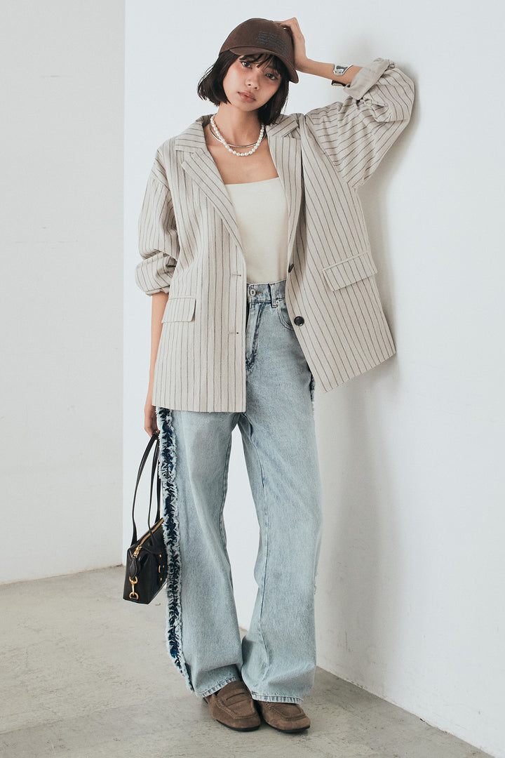 [SET]リネンライクストライプテーラードジャケット+デニムサイドフリルパンツ(2set)