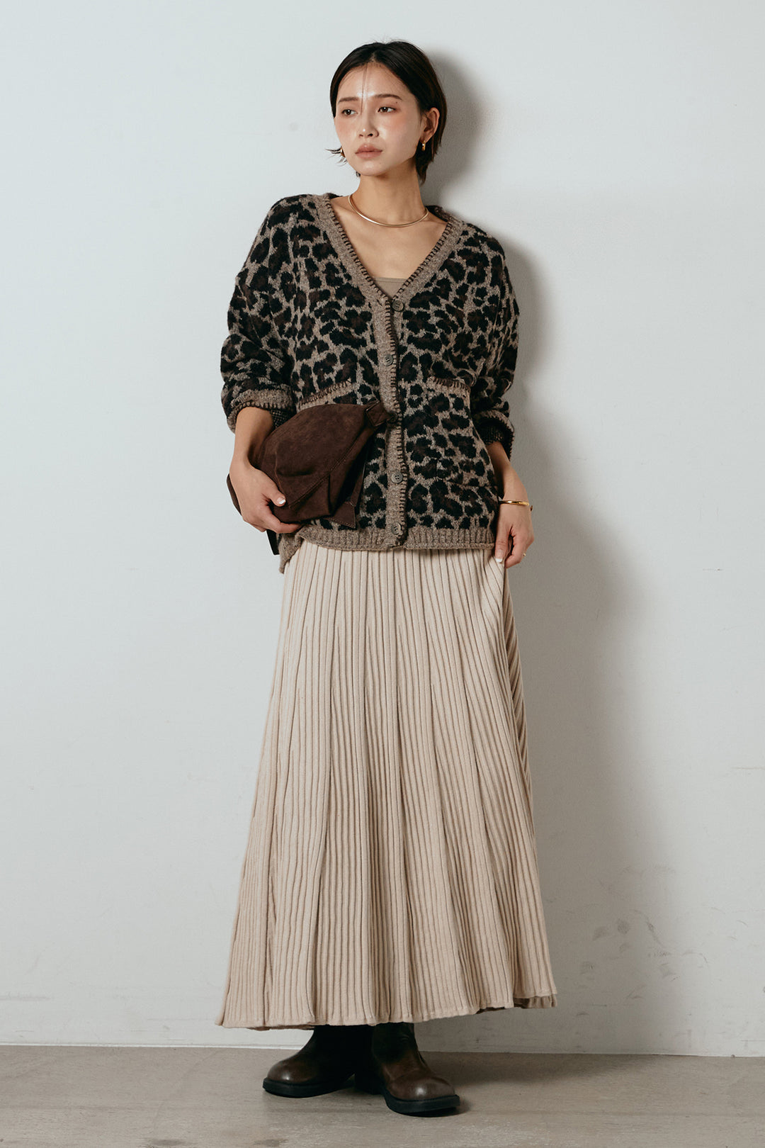 [SET]ステッチデザインレオパードニットカーディガン+リブニットフレアスカート(2set)