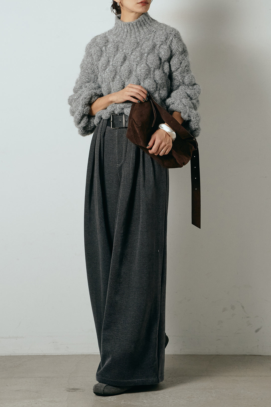 [SET]ボリュームポップコーンニットトップス+ベルトループコーデュロイワイドパンツ(2set)