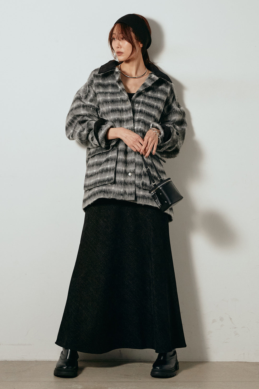 [SET]チェックシャギーミドルカバーオール+スウェードライクロングスカート(2set)