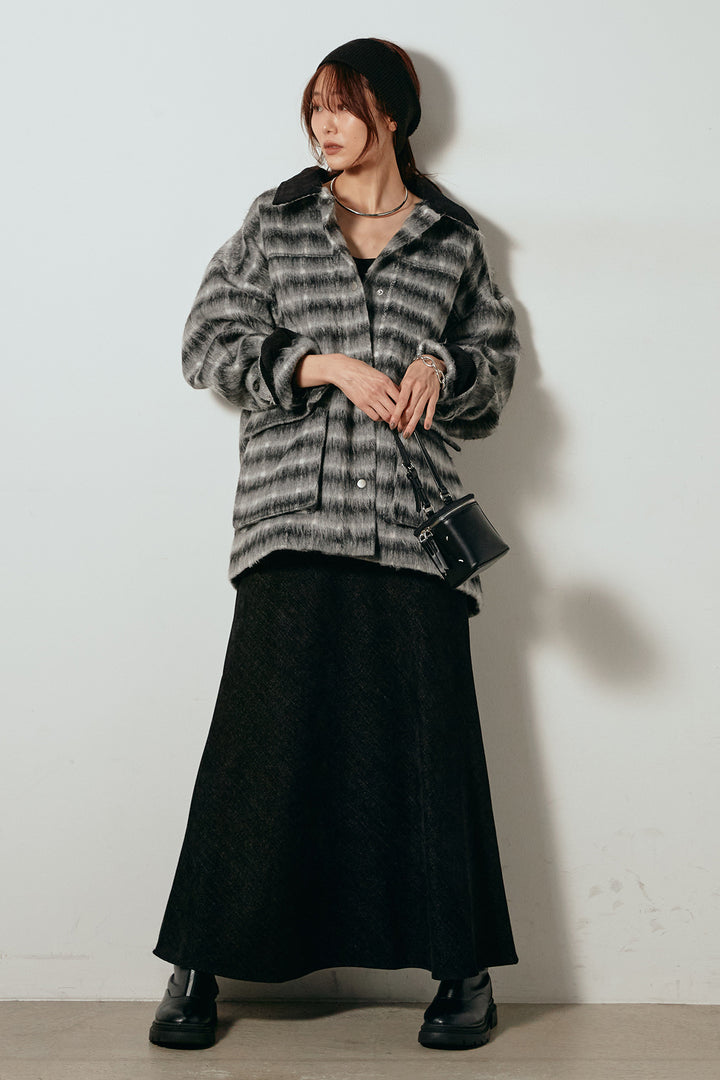 [SET]チェックシャギーミドルカバーオール+スウェードライクロングスカート(2set)