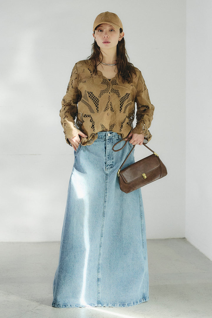 [SET]フラワー刺繍レースブラウス+デニムロングフレアスカート(2set)