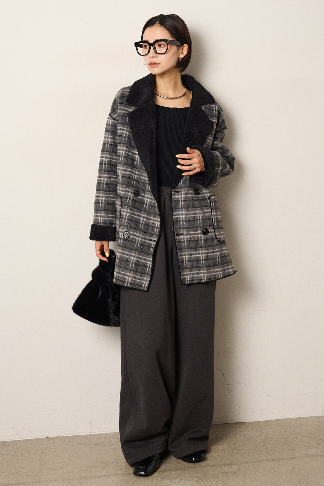 [SET]裏地ボアタータンチェック柄ミディアムコート+裏起毛スウェットワイドパンツ(2set)
